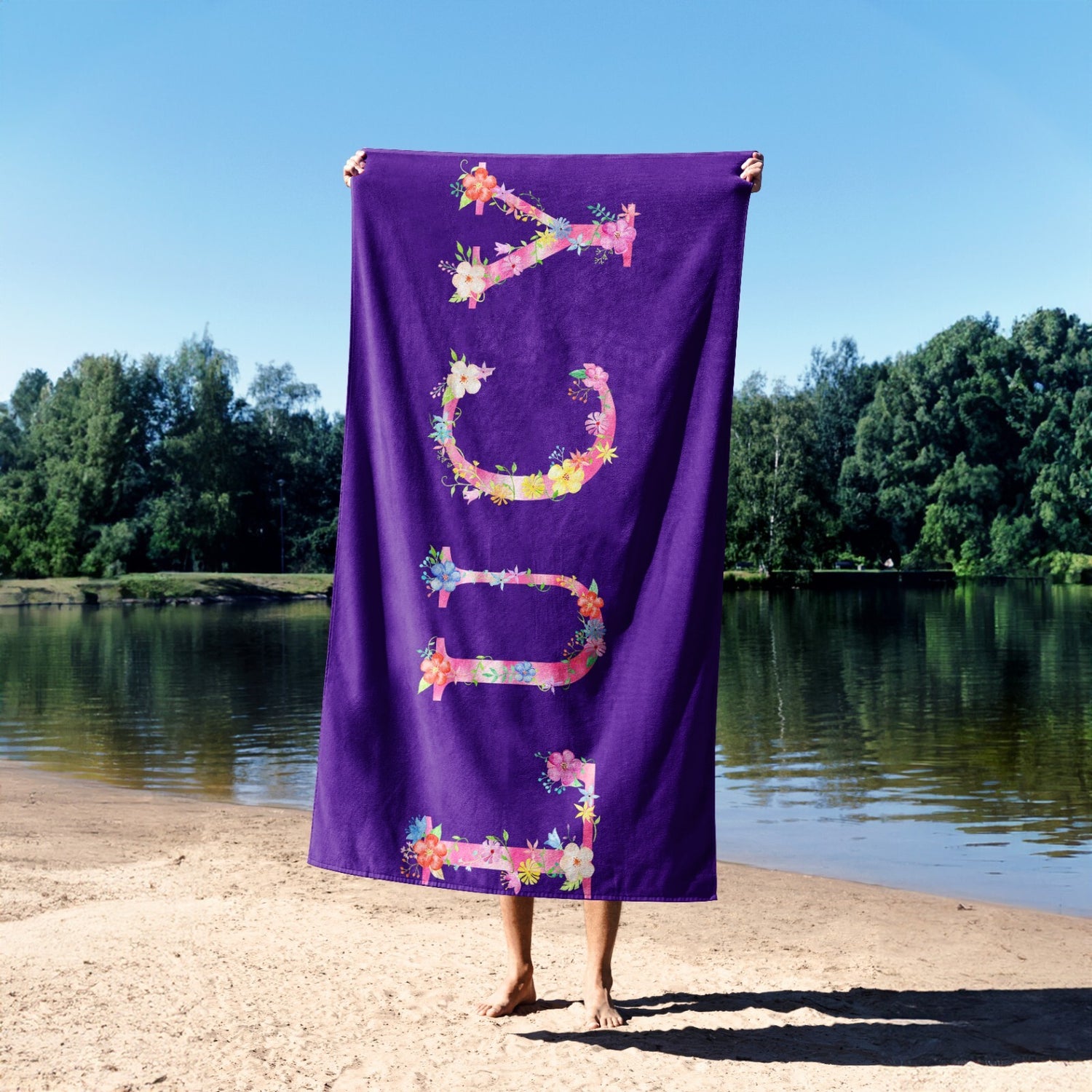 Personalised Pink Floral Alphabet Custom Colour Absorbent Beach Bath Sheet Towel