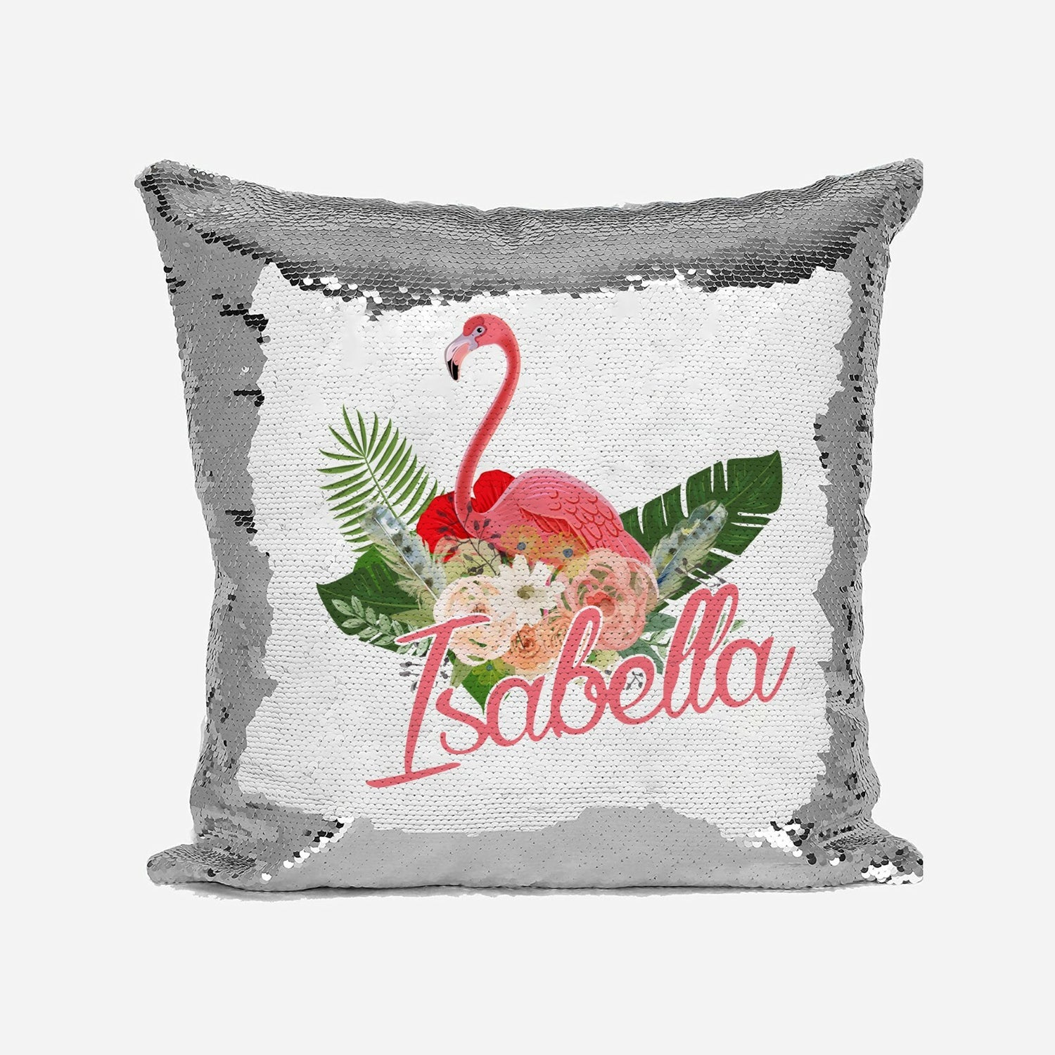 Personalised Name Shiny Sequin Magic Flamingo Floral Cushion Cover + Pillow Kids