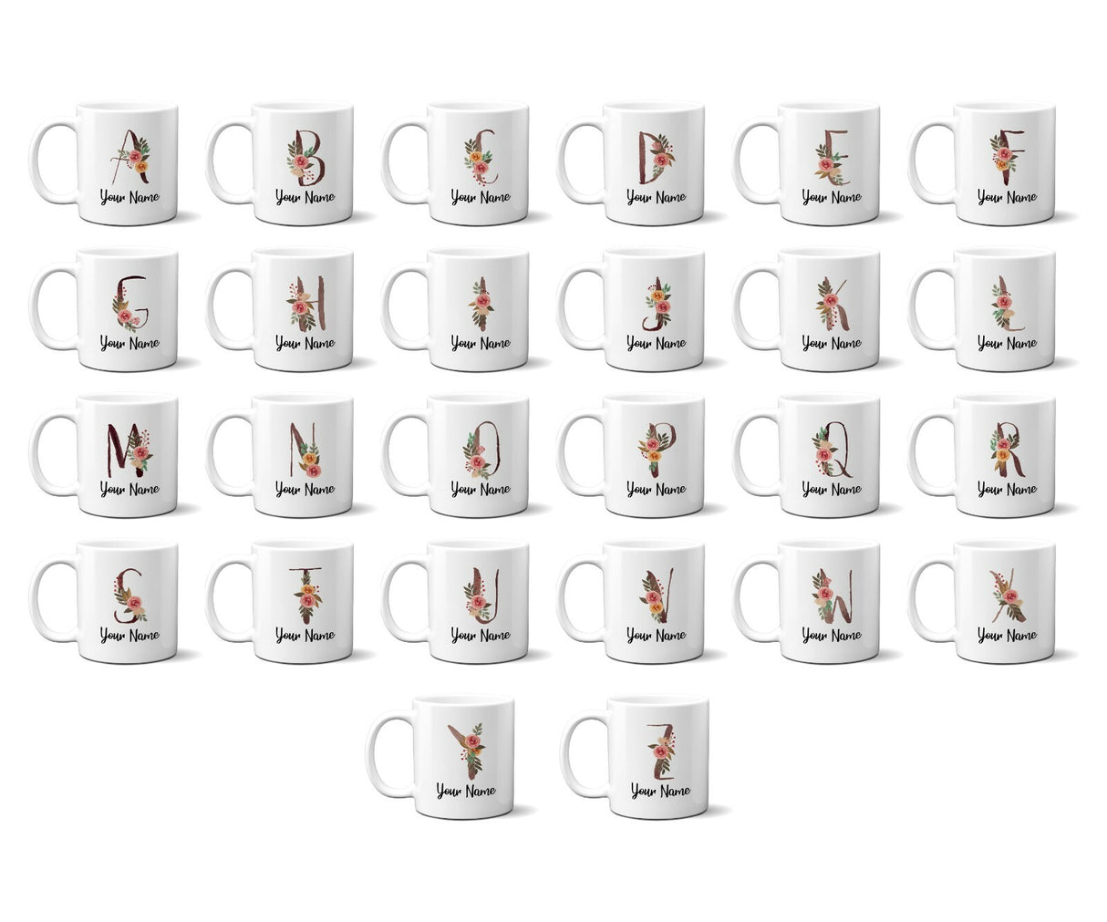 Personalised Floral Watercolour Hand Paint Effect Alphabet Floral Name Mug