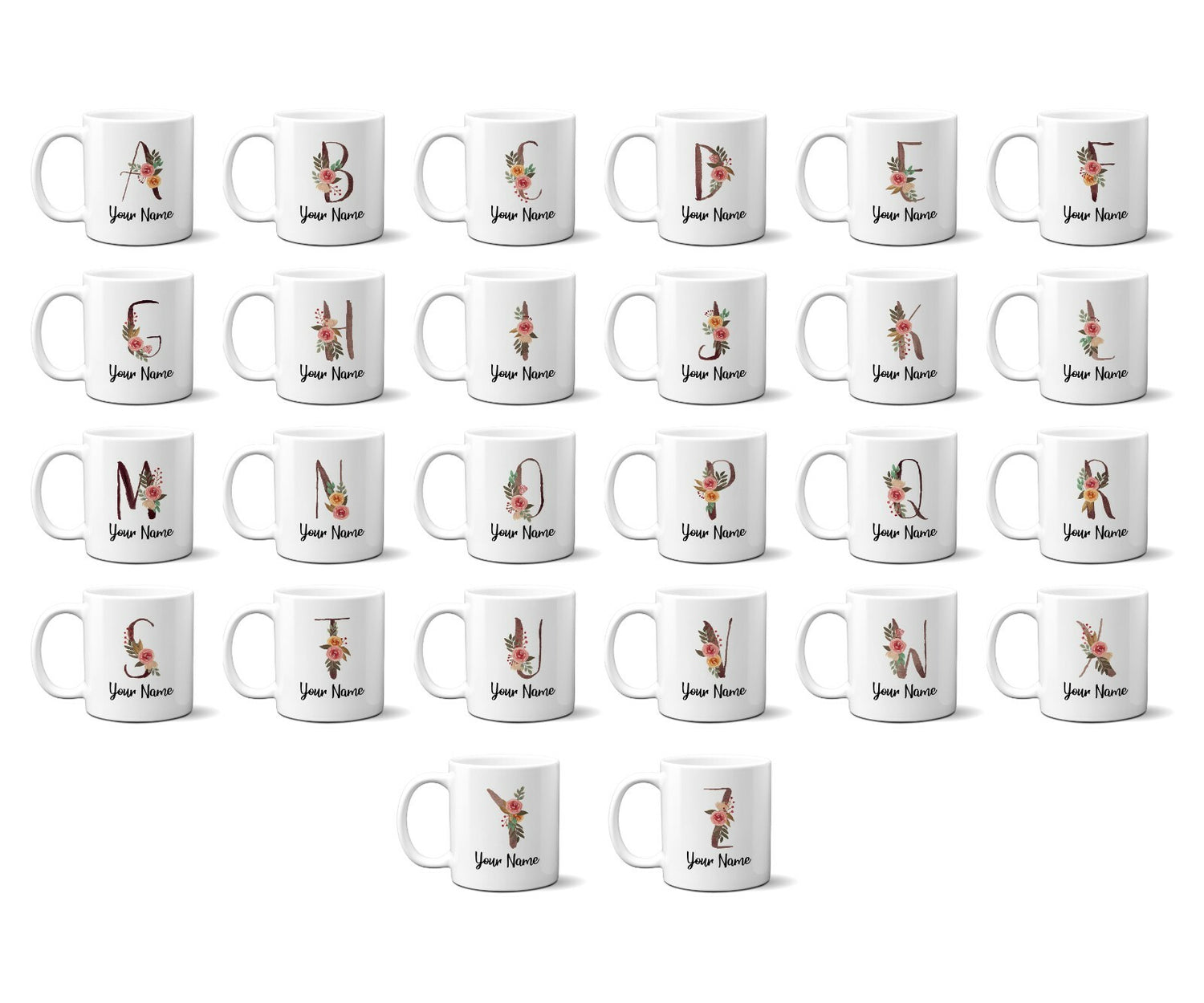 Personalised Floral Watercolour Hand Paint Effect Alphabet Floral Name Mug