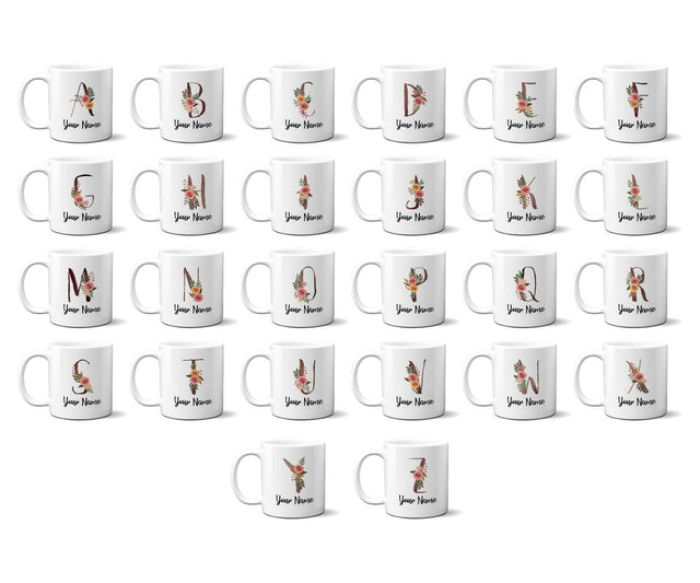 Personalised Floral Watercolour Hand Paint Effect Alphabet Floral Name Mug
