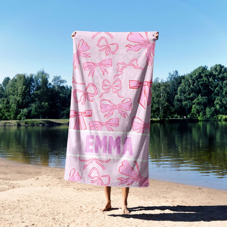Personalised Name Pink Bows Design Printed Absorbent Beach Bath Sheet Towel