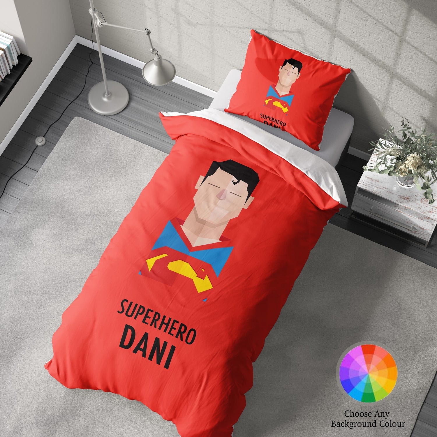 Superhero Personalised Name Custom Colour Single Bed Duvet Cover Pillowcase Set