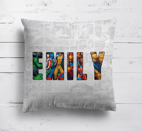 Personalised Superhero Name Text Printed Kids Soft Square Filled Cushion Throw