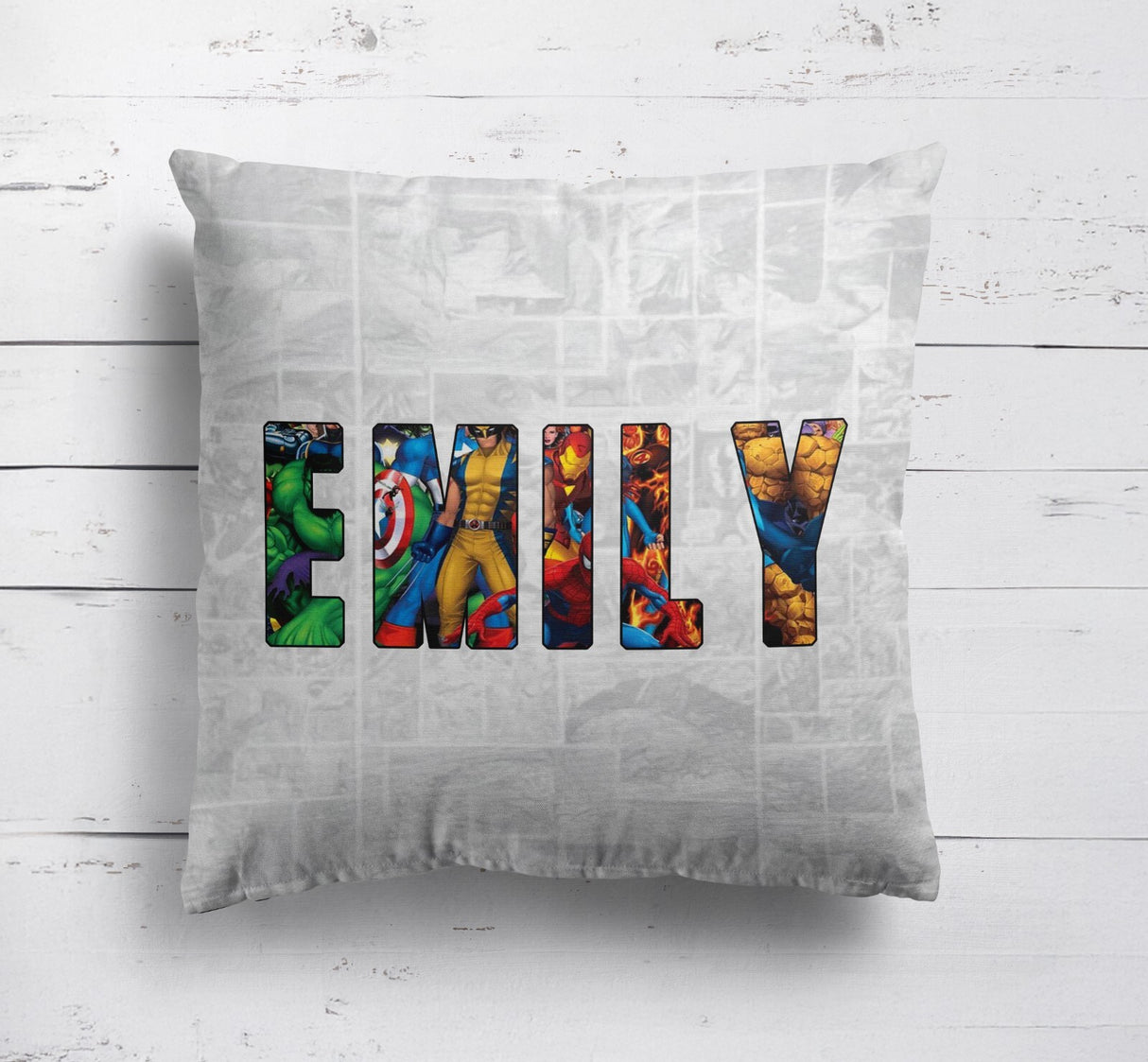 Personalised Superhero Name Text Printed Kids Soft Square Filled Cushion Throw