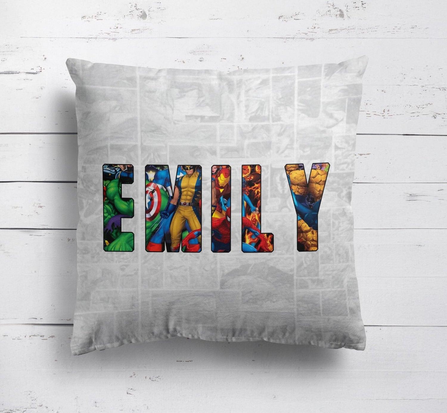 Personalised Superhero Name Text Printed Kids Soft Square Filled Cushion Throw