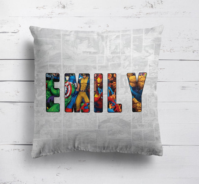 Personalised Superhero Name Text Printed Kids Soft Square Filled Cushion Throw