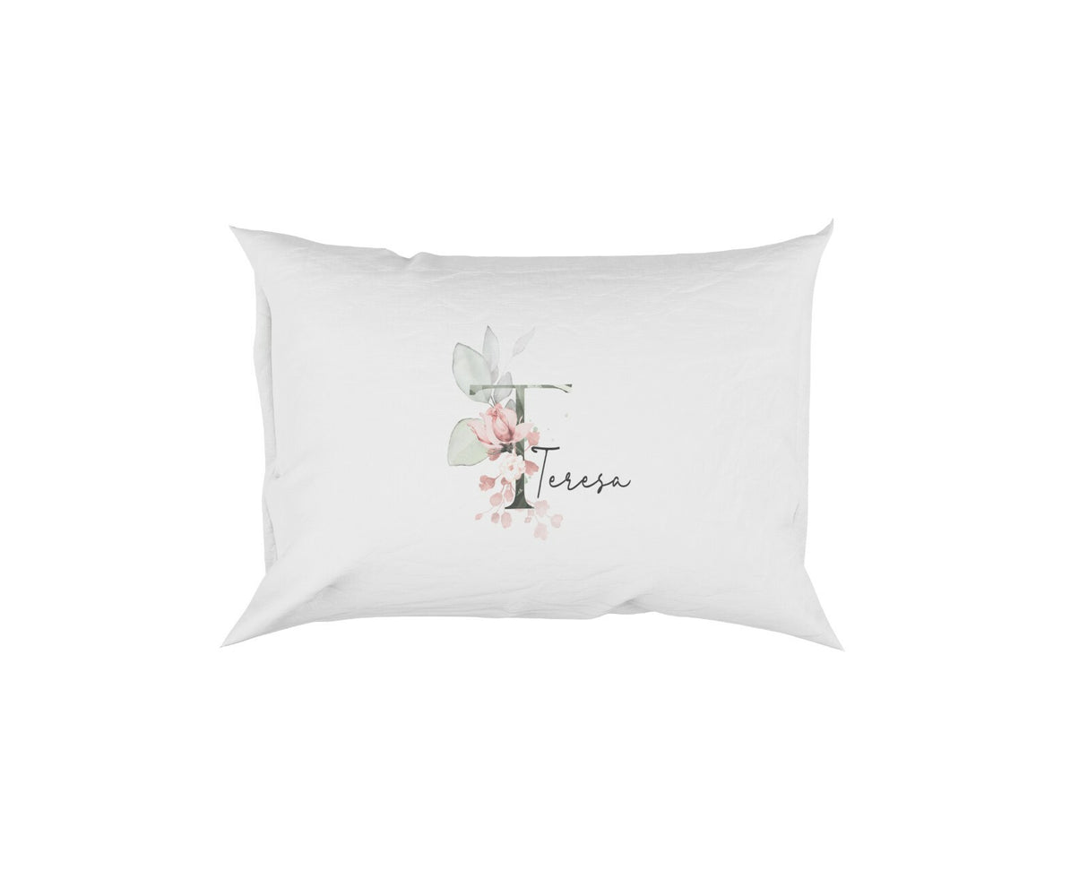 Personalised Your Name Gentle Botanical Blush Initial Letter Pillow Case Gift