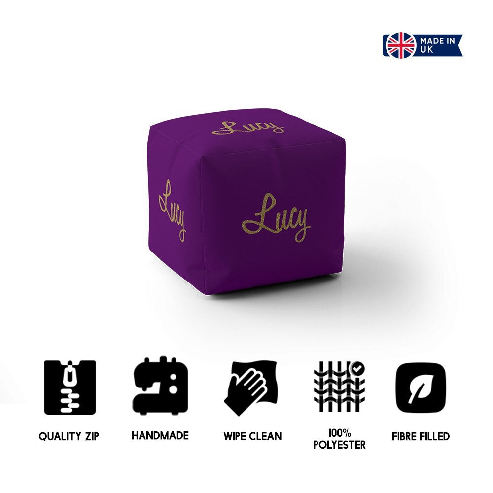 Personalised Name Gold Glitter Font Kids Ottoman Filled Pouffe Washable Cover