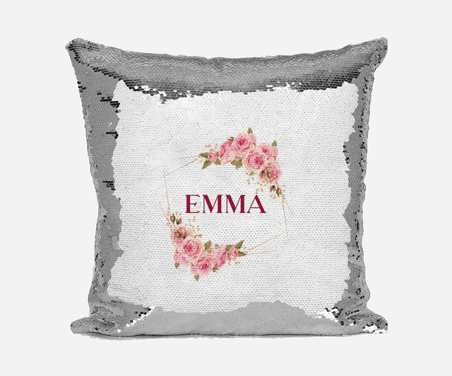 Personalised Name Shiny Sequin Magic Rose Bouquet Frame Cushion Cover + Pillow