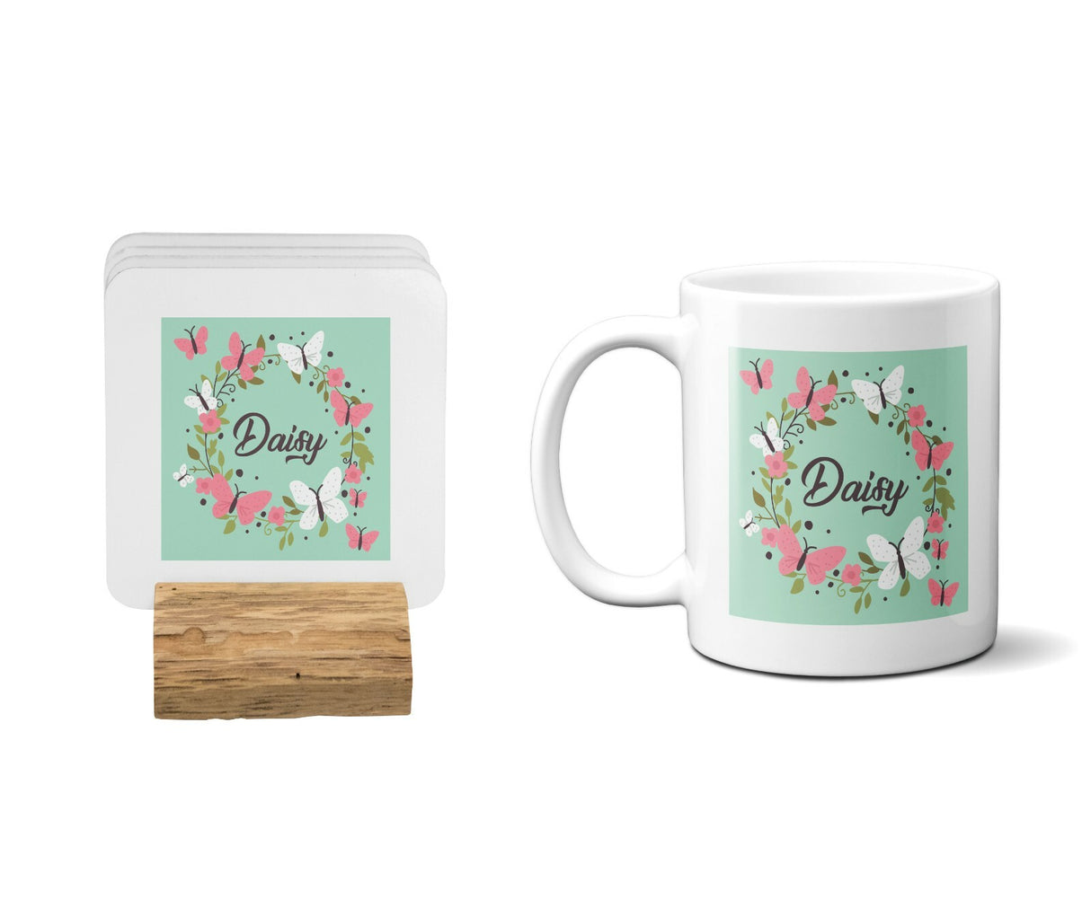 Personalised Name Butterfly Floral Wreath Coffee Tea Mug Gift 11oz Mug + Coaster