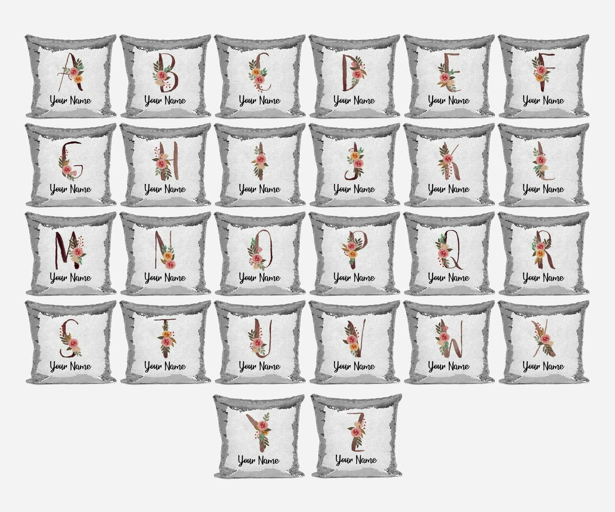 Personalised Floral Watercolour Effect Alphabet Sequin Magic Cushion + Pillow