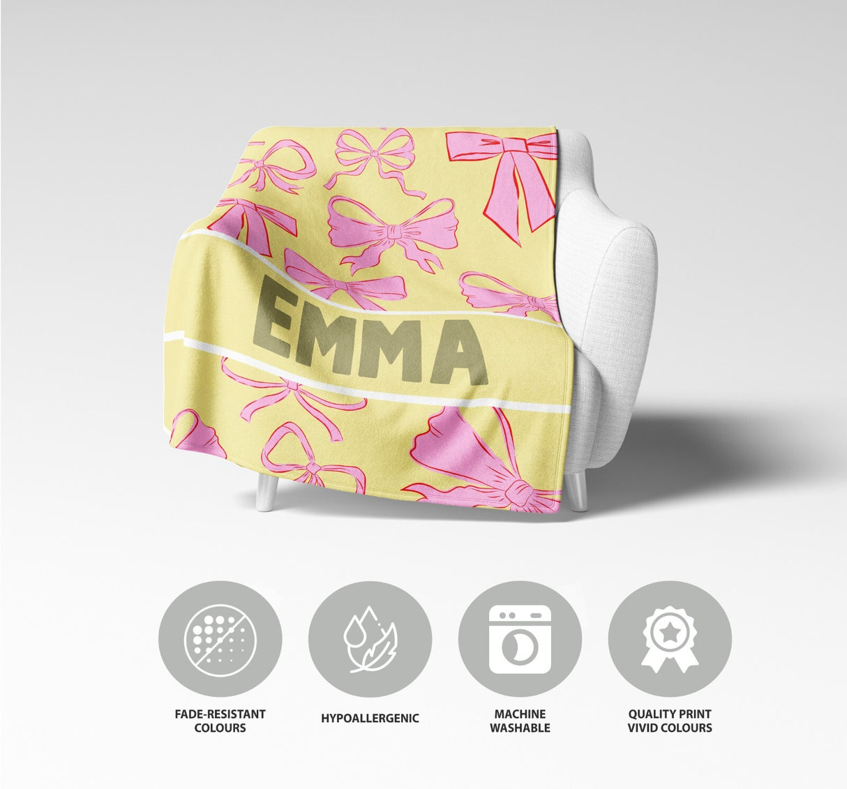 Personalised Name Coloured Pink Bows Printed Soft Warm Fleece Blanket Decor