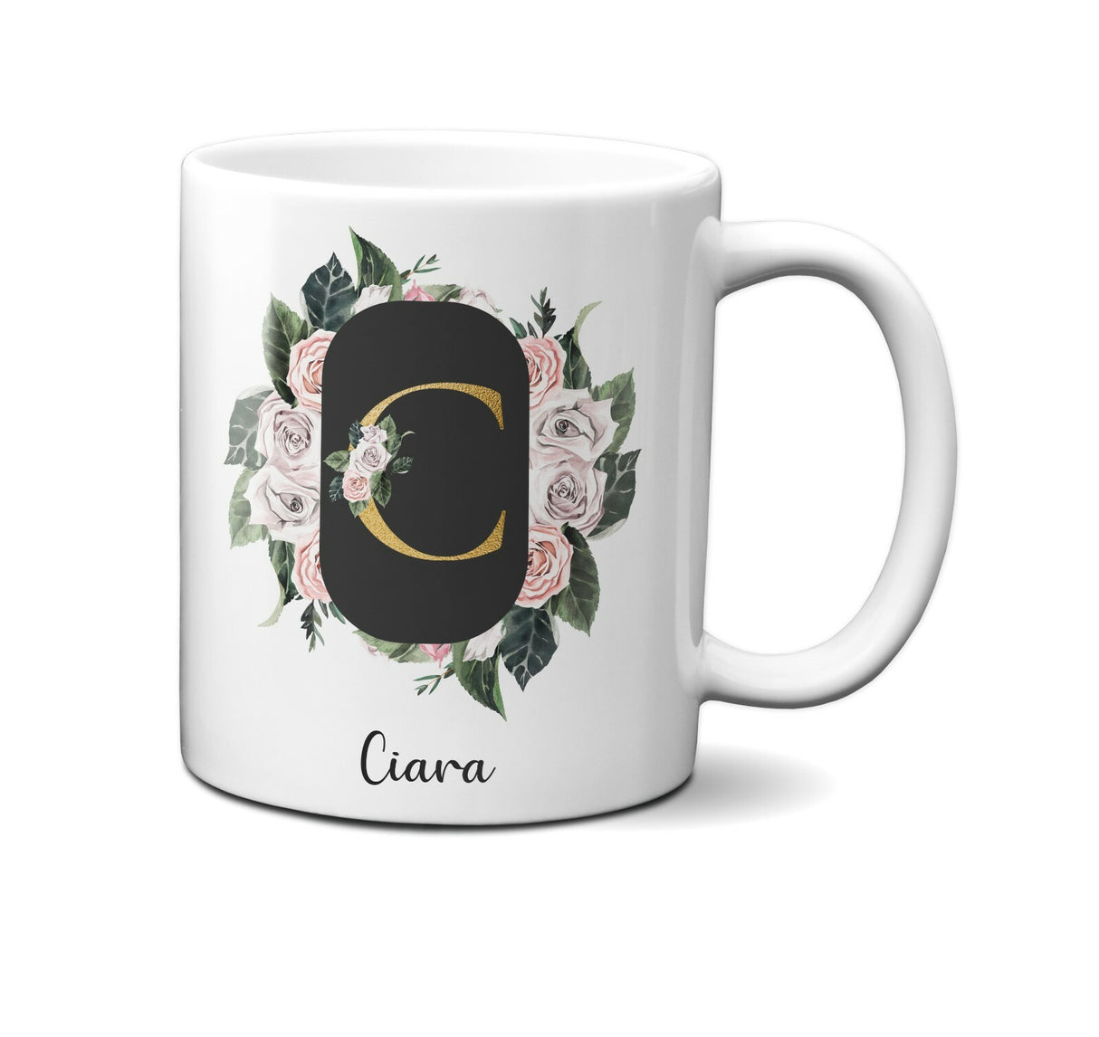 Personalised Floral Frame Gold Floral Name Initial Letter Mug Gift 11oz Ceramic