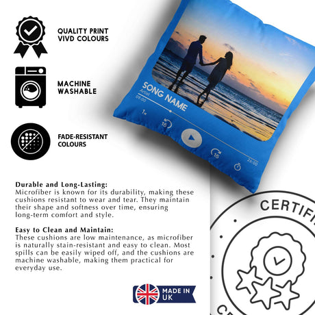 Upload Your Photo Music Player Custom Printed Soft Square Filled Cushion Throw