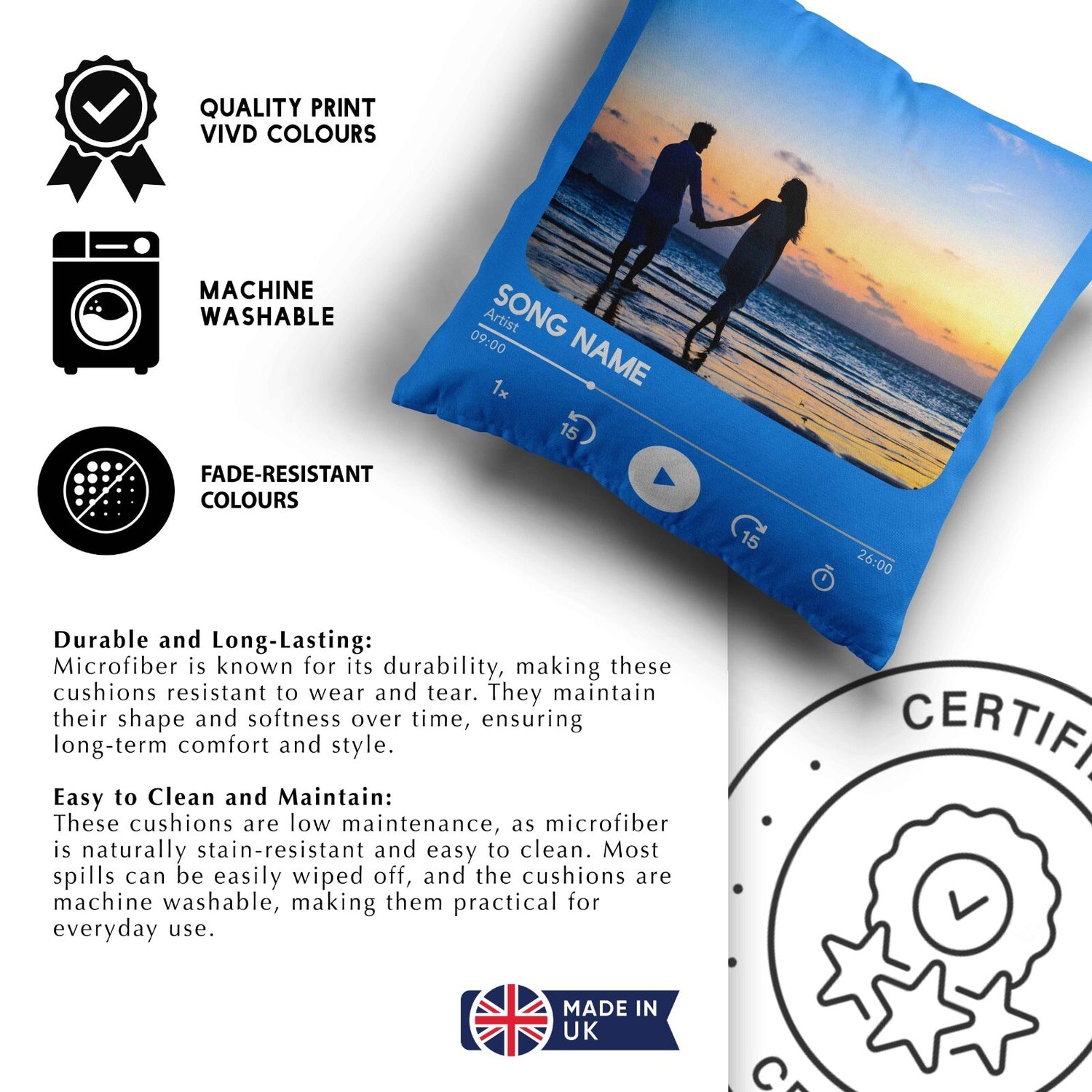 Upload Your Photo Music Player Custom Printed Soft Square Filled Cushion Throw