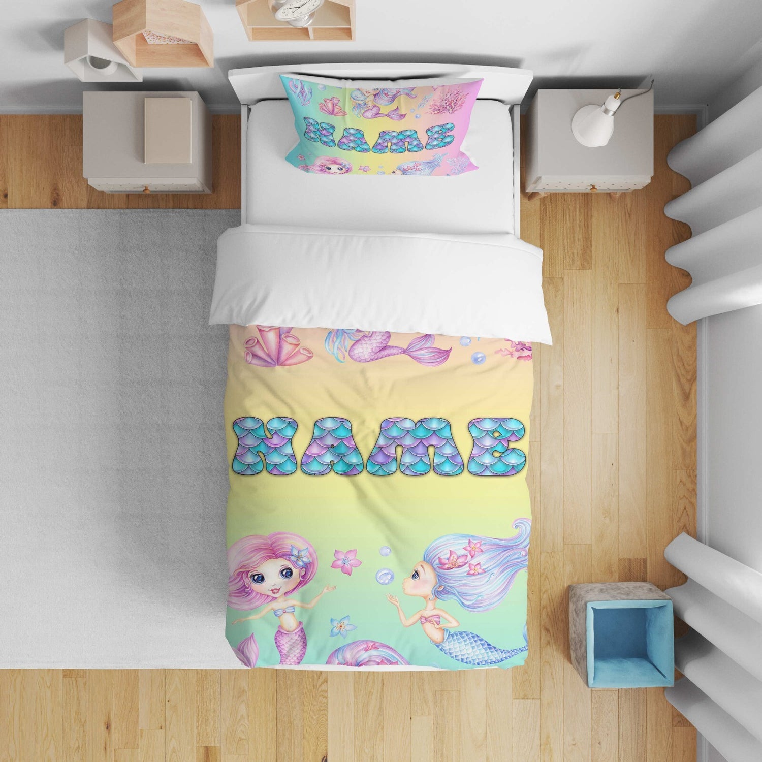 Personalised Name Mermaids + Jellyfish Kids Cot Bed Duvet Cover + Pillowcase