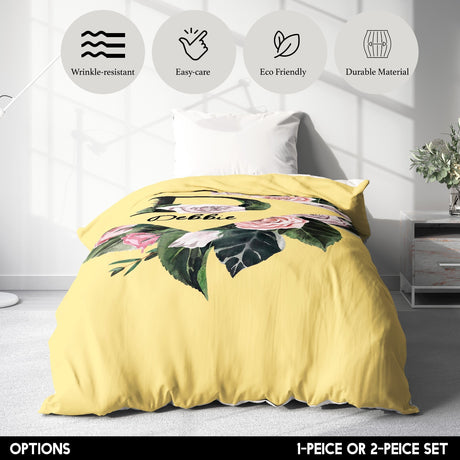 Personalised Name Botanical Floral Initial Single Bed Duvet Cover Pillowcase Set