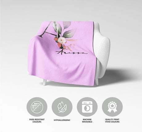 Personalised Name Botanical Blush Initial Letter Soft Warm Fleece Blanket Decor