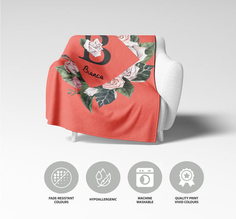 Personalised Name Botanical Floral Initial Letter Soft Warm Fleece Blanket Decor