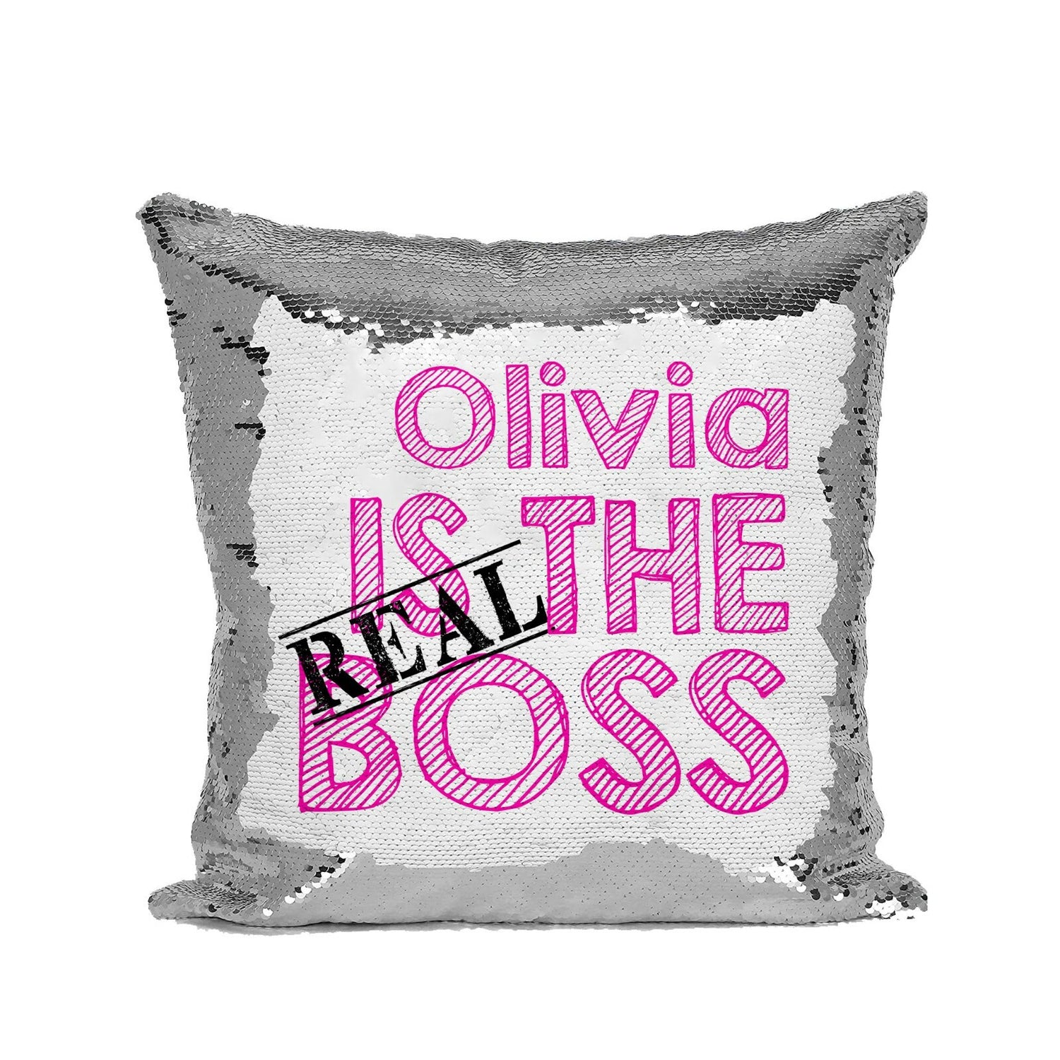 Set of 2 His & Hers Boss Personalised Name Sequin Magic Cushion Cover + Pillow