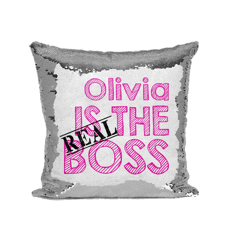 Set of 2 His & Hers Boss Personalised Name Sequin Magic Cushion Cover + Pillow