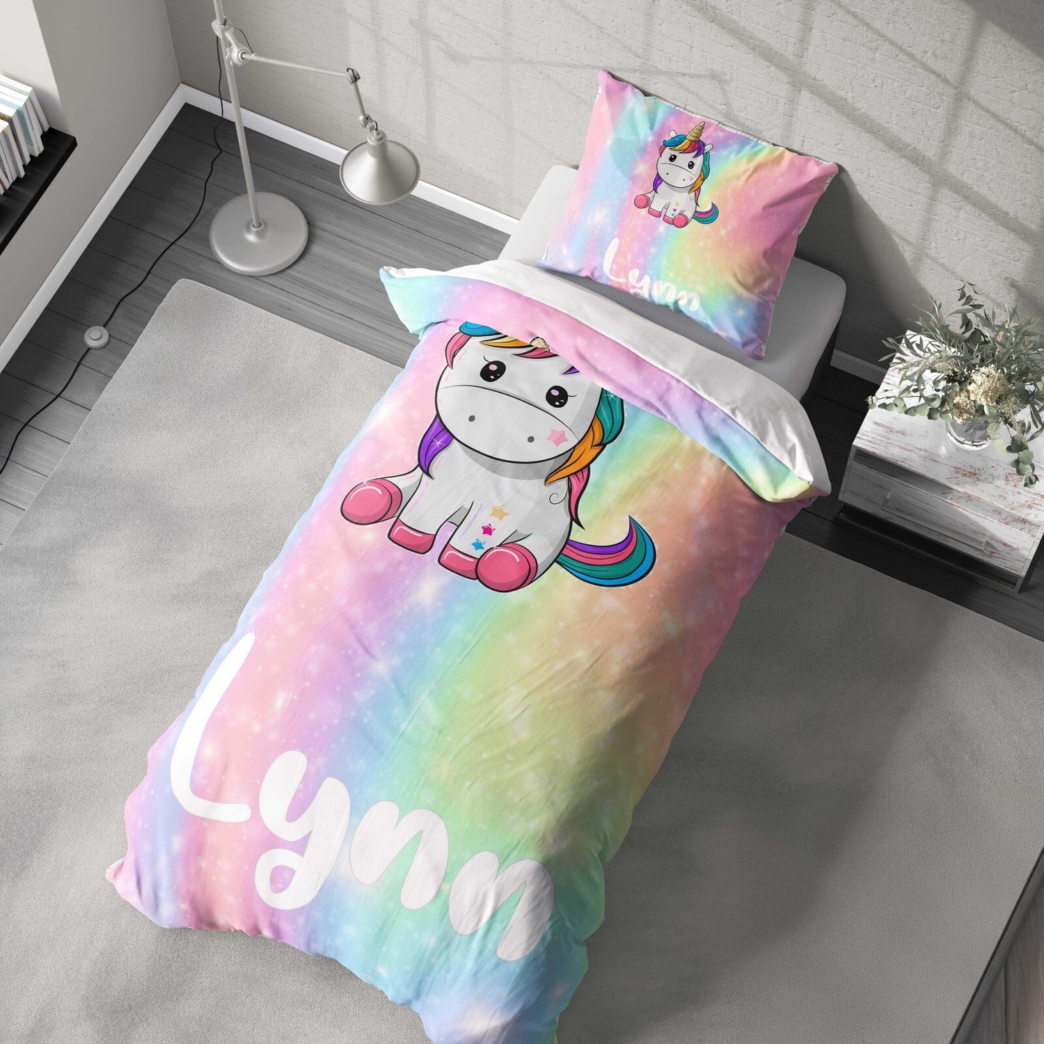 Personalised Custom Name Rainbow Unicorn Kids Single Bed Duvet Cover Pillowcase
