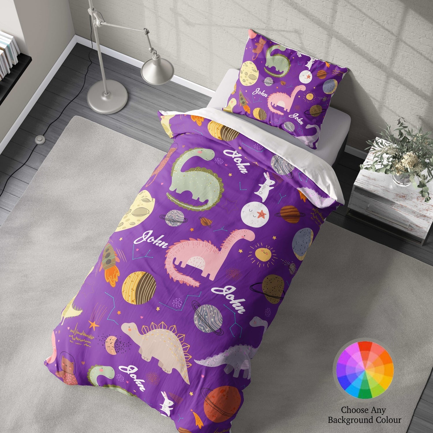 Personalised Name Cartoon Baby Dinosaur Kids Single Bed Duvet Cover + Pillowcase
