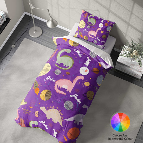 Personalised Name Cartoon Baby Dinosaur Kids Single Bed Duvet Cover + Pillowcase