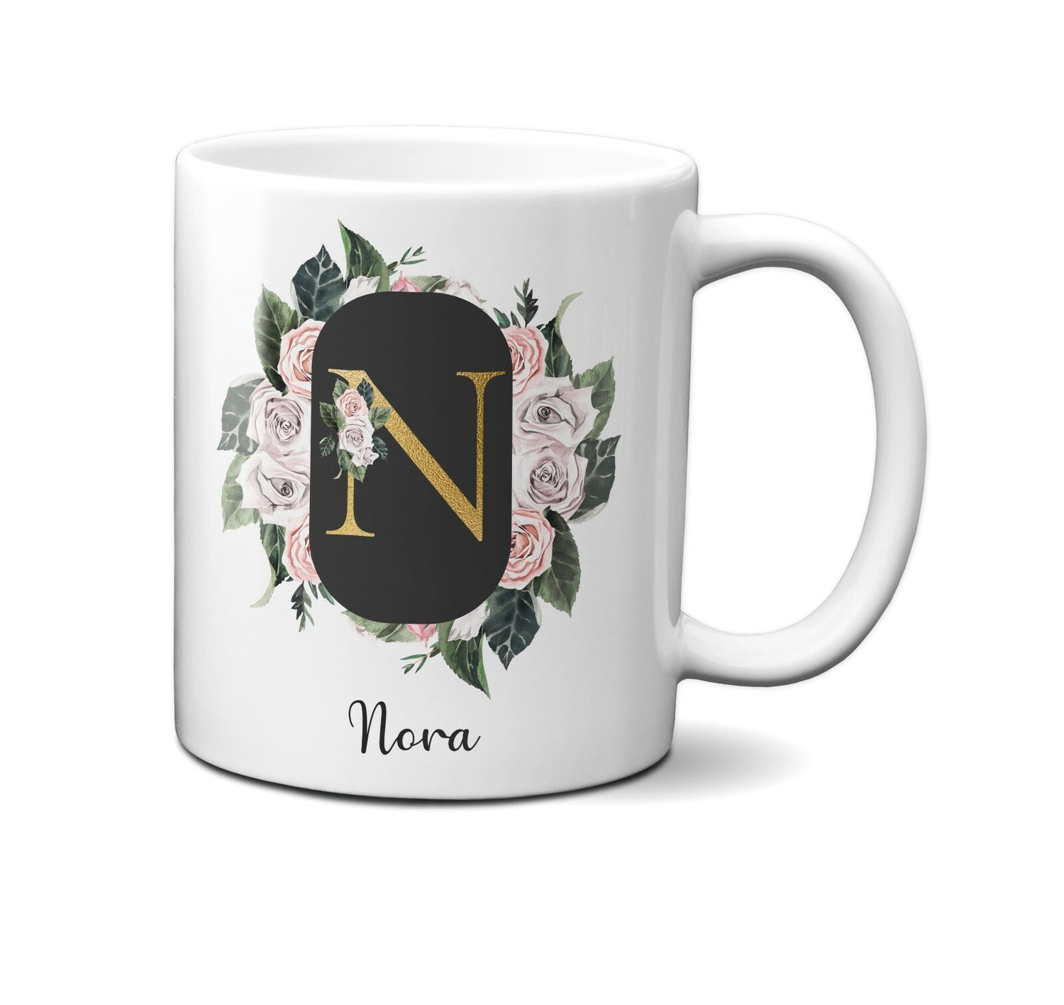 Personalised Floral Frame Gold Floral Name Initial Letter Mug Gift 11oz Ceramic