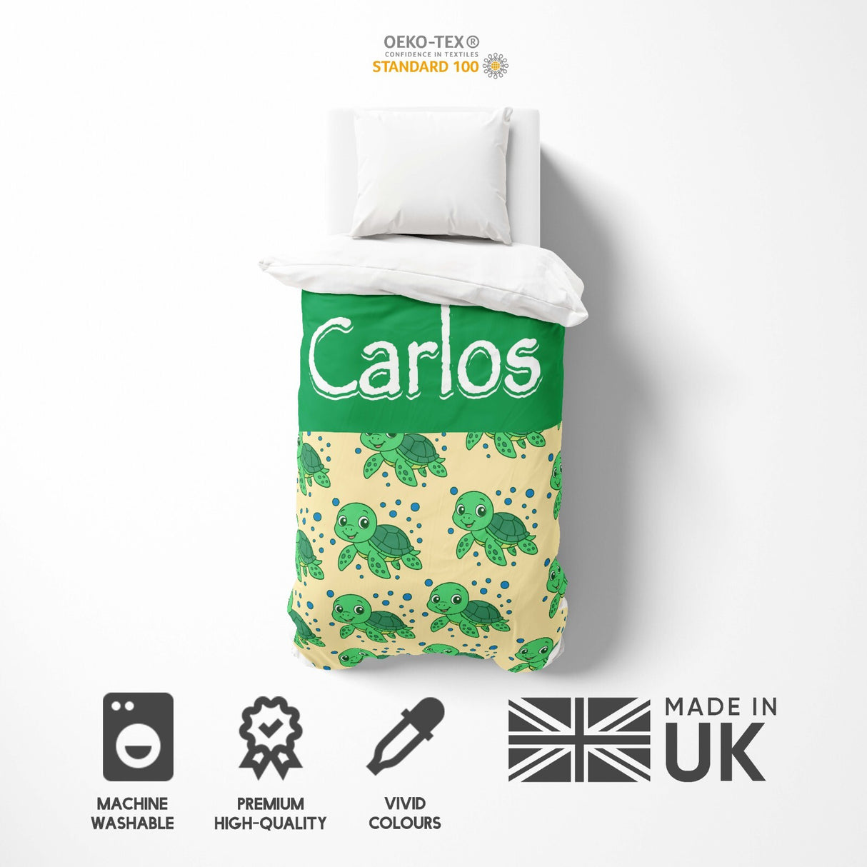 Personalised Custom Name Cartoon Baby Turtle Single Bed Duvet Cover + Pillowcase