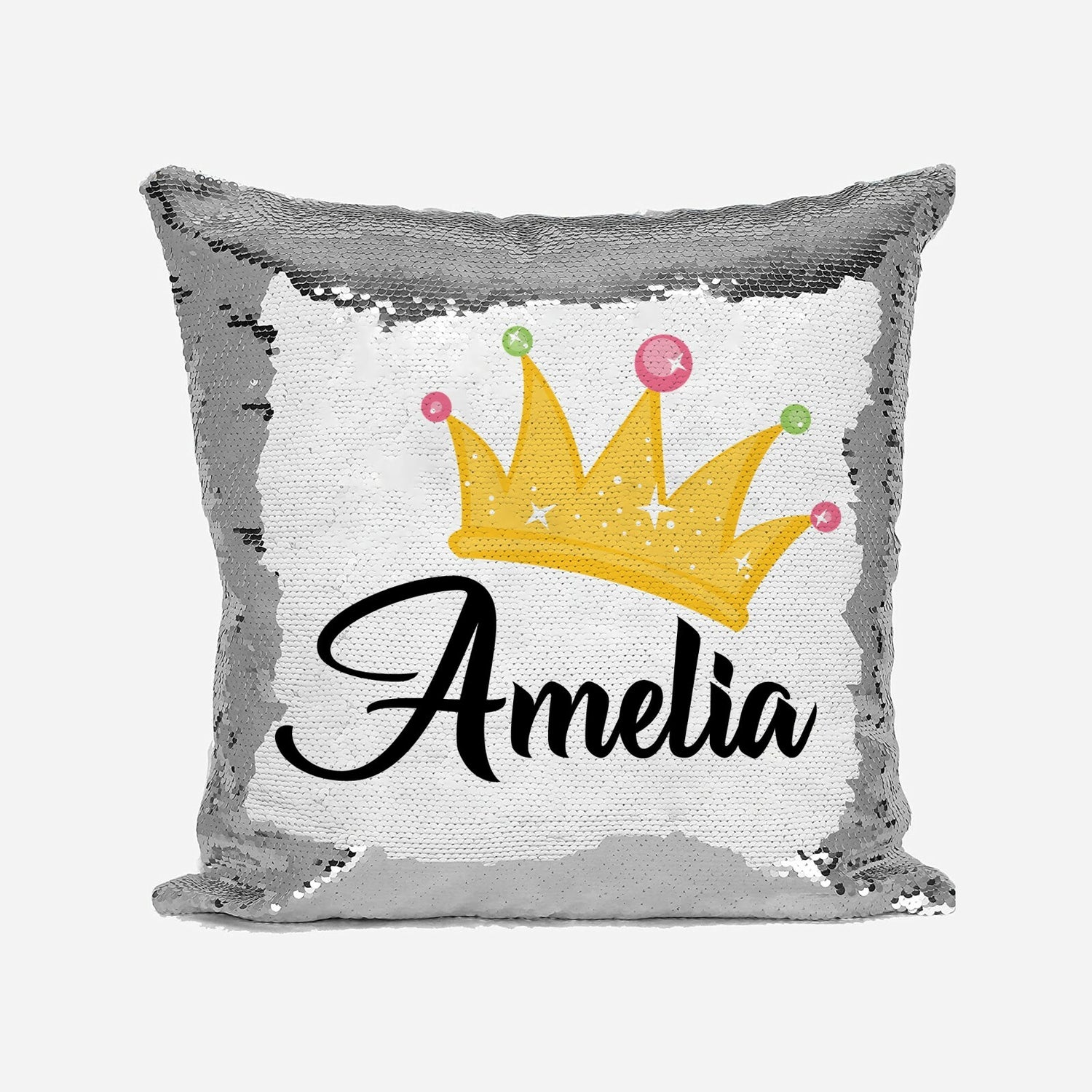 Personalised Name Shiny Sequin Magic Princess Crown Jewels Cushion Cover+Pillow