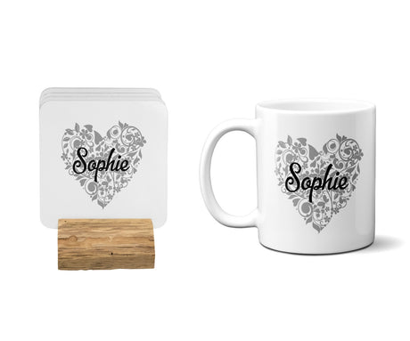 Personalised Name Floral Heart Coffee Tea Mug Gift 11oz Mug + Coaster