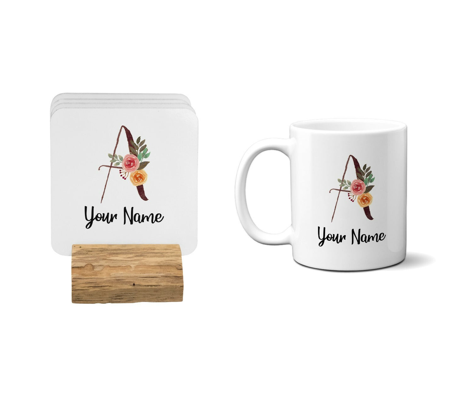 Personalised Floral Watercolour Hand Paint Effect Alphabet Floral Name Mug