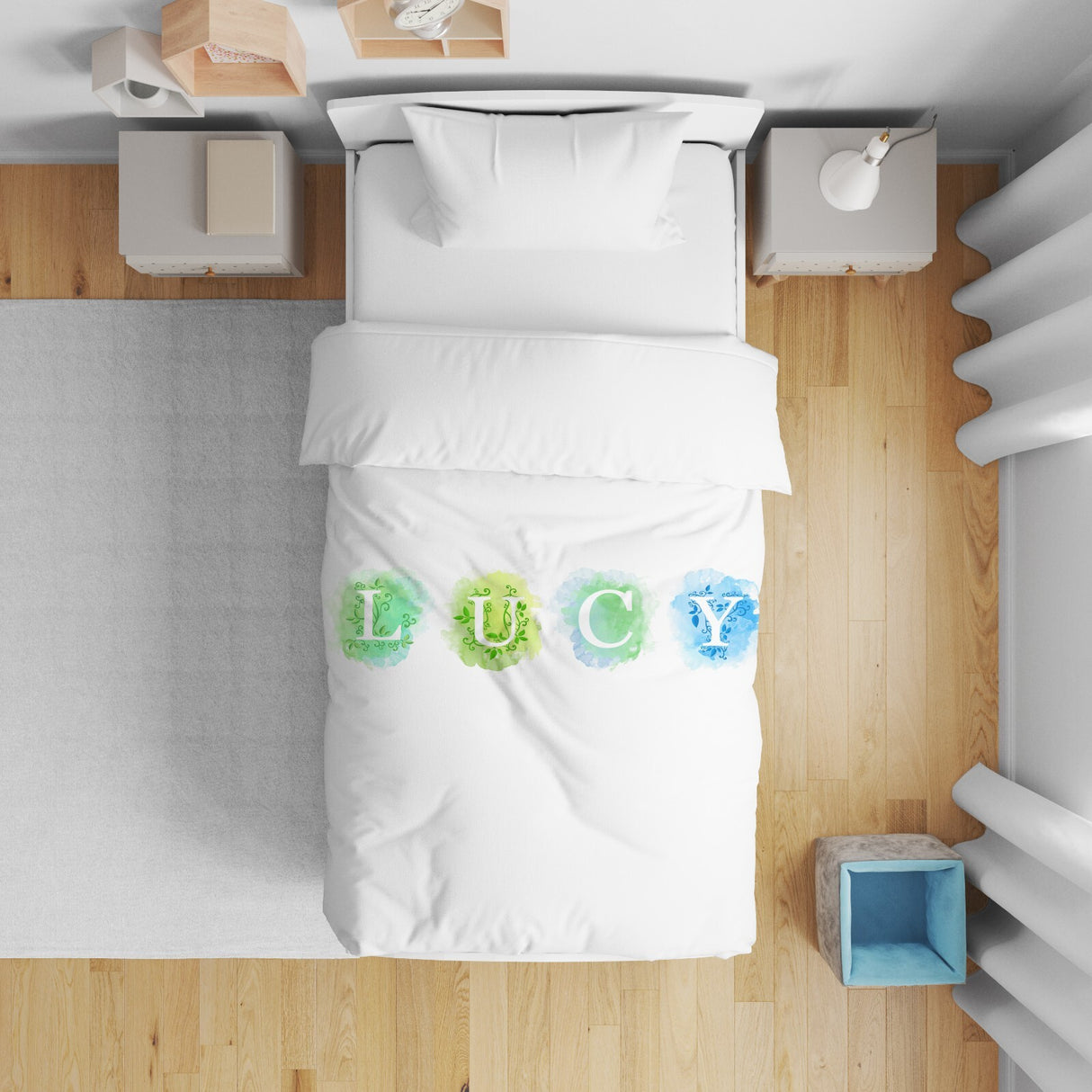 Personalised Name Watercolour Letters Font Kids Cot Bed Duvet Cover + Pillowcase