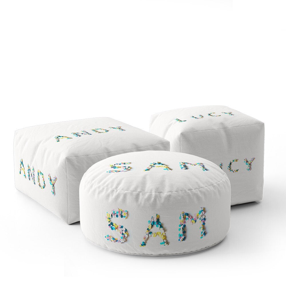 Personalised Confetti Handmade Kids Font Ottoman Filled Pouffe Washable Cover