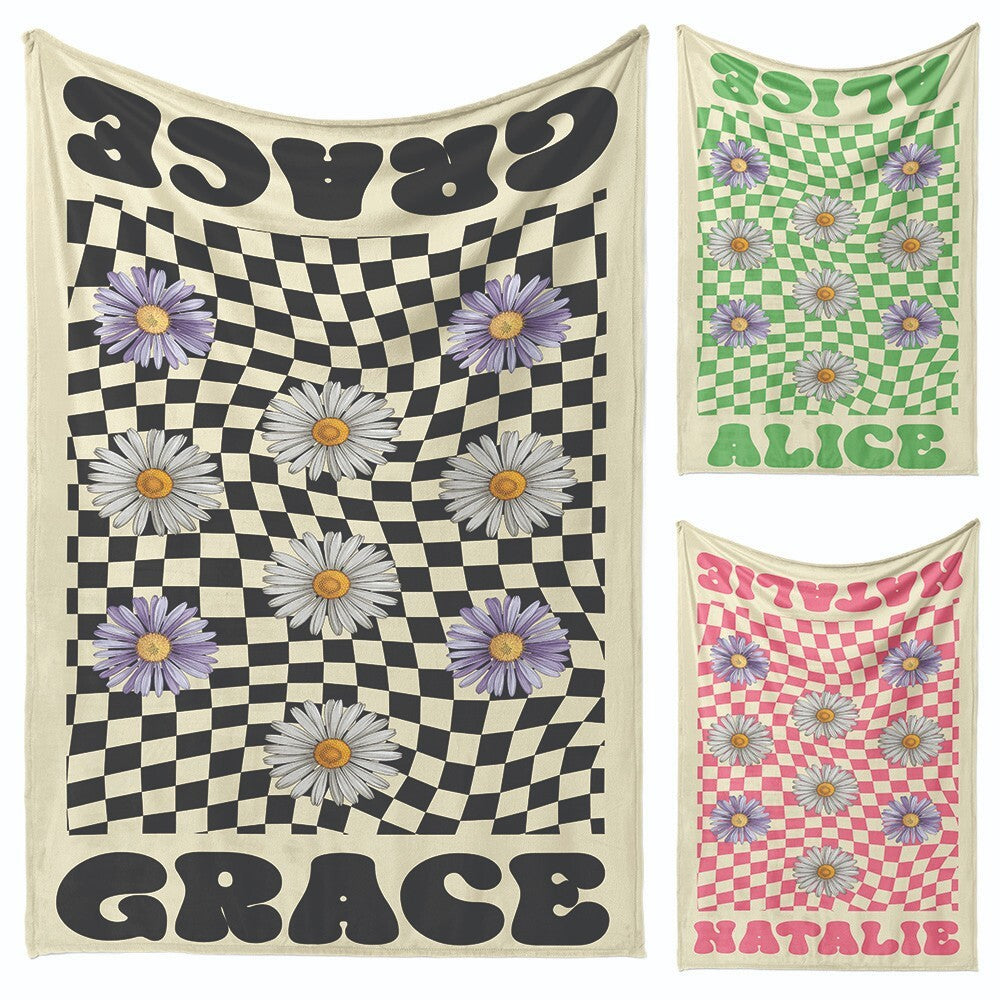 Personalised Custom Name Colour Retro Daisy Check Soft Warm Fleece Blanket Decor