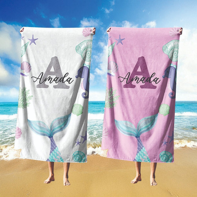 Personalised Name Mermaid Tail Monogram Soft Absorbent Beach Bath Sheet Towel
