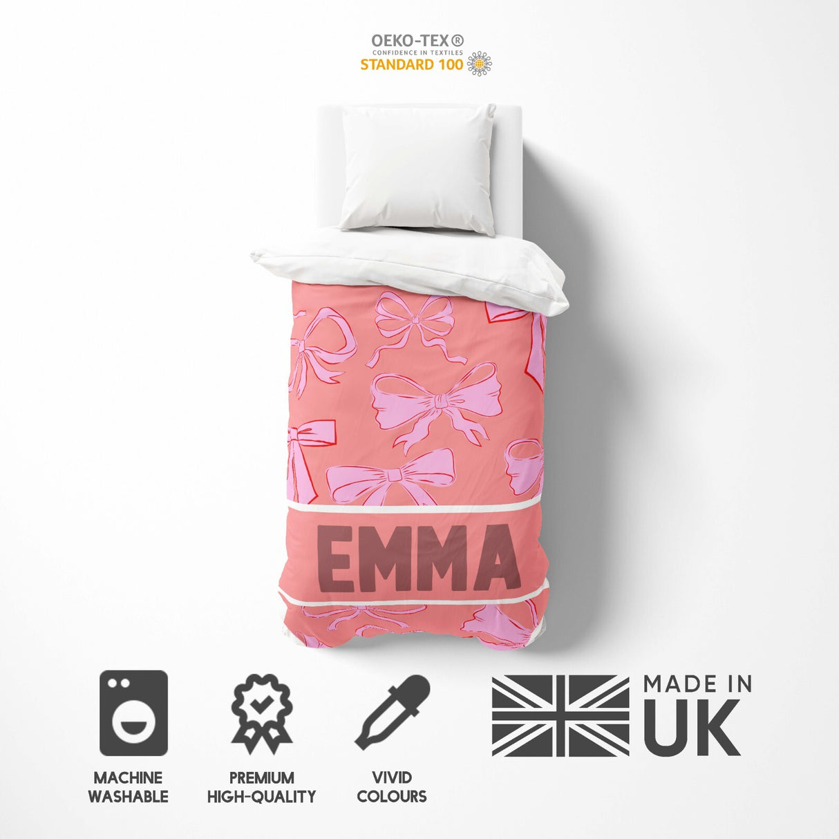 Personalised Name Coloured Pink Bows Printed Single Bed Duvet Cover + Pillowcase