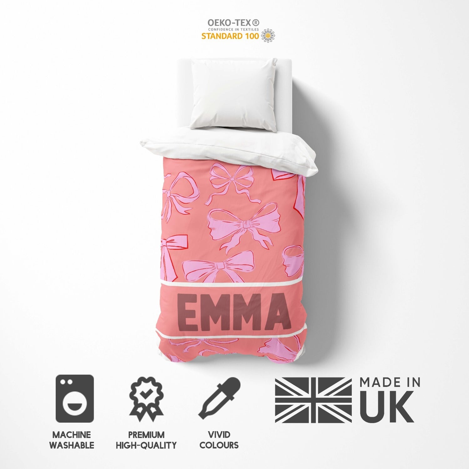 Personalised Name Coloured Pink Bows Printed Single Bed Duvet Cover + Pillowcase