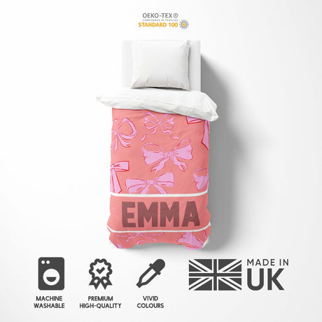 Personalised Name Coloured Pink Bows Printed Single Bed Duvet Cover + Pillowcase