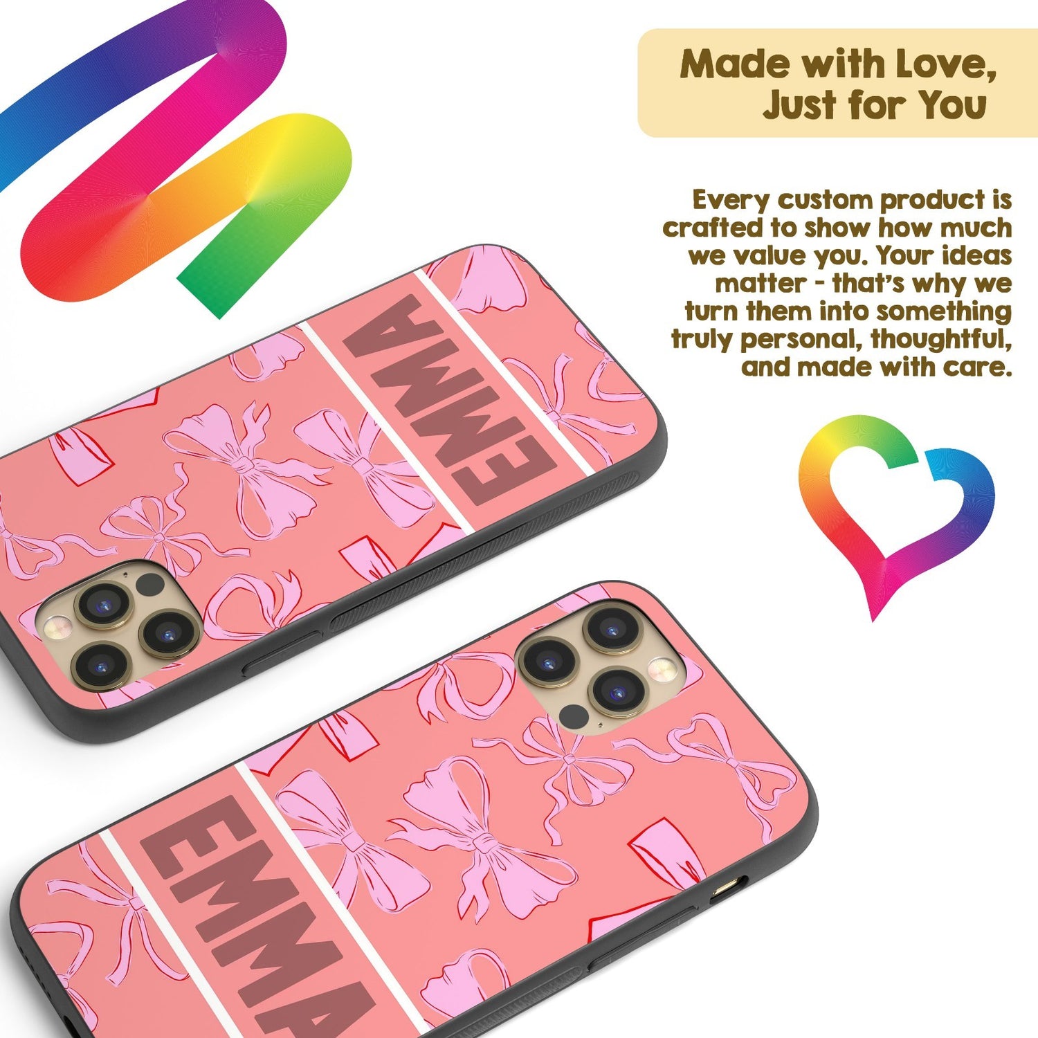 Pink Bows Name Cute Girl Personalised Custom - Printed iPhone Black Case Cover