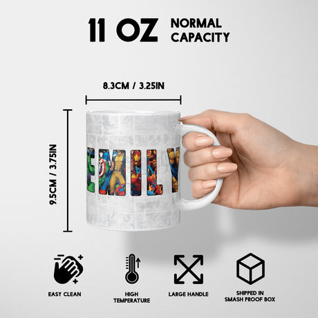 Personalised Superhero Name Mug & Coaster Set Gift for Kids – 11oz Ceramic Cup