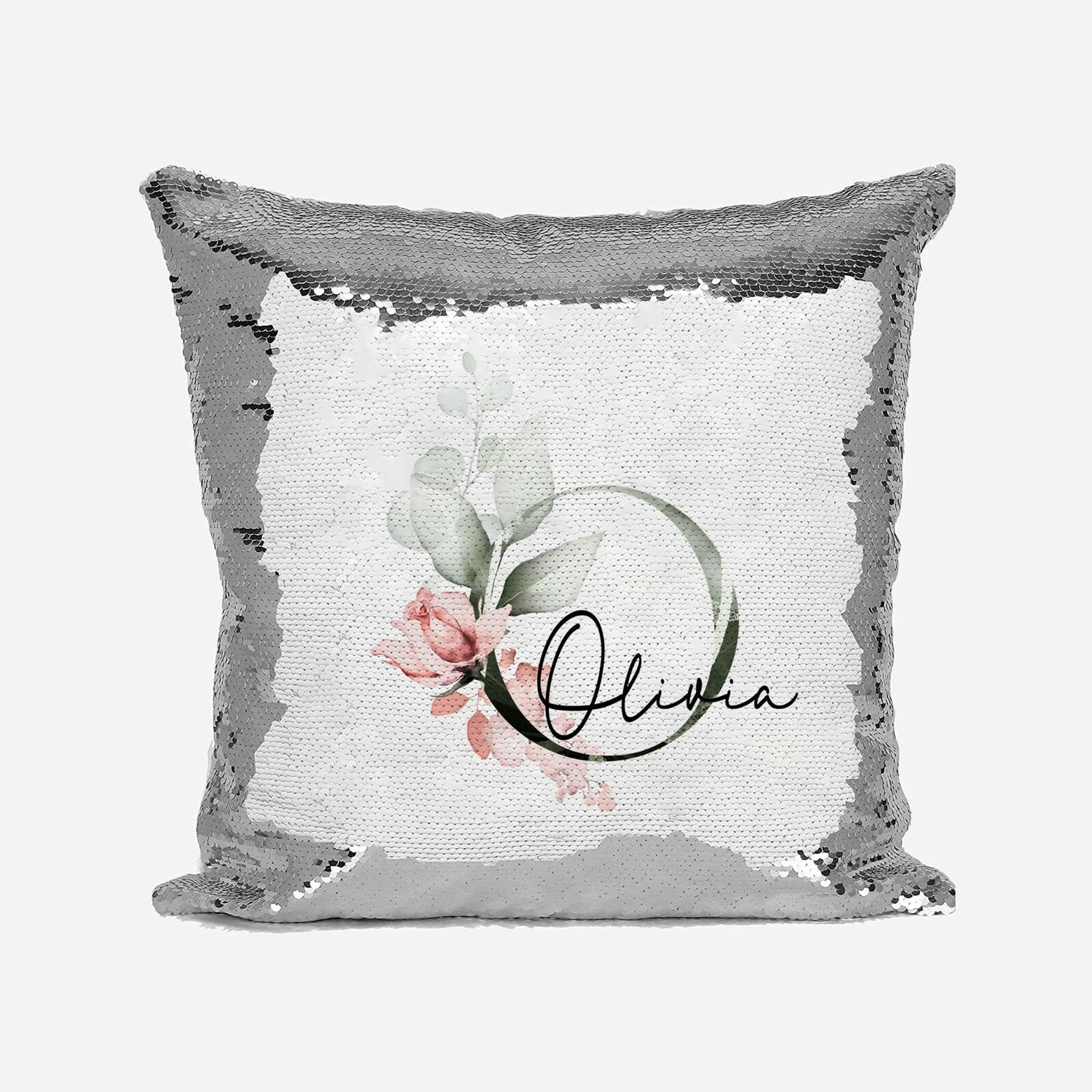 Personalised Gentle Botanical Blush Sequin Magic Cushion Cover + Pillow Kids