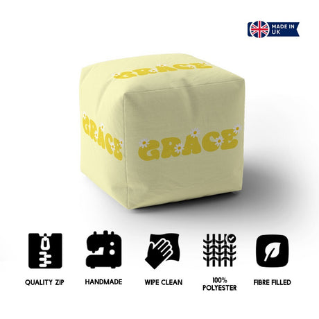 Personalised Custom Name Groovy Daisy Font Ottoman Filled Pouffe Washable Cover