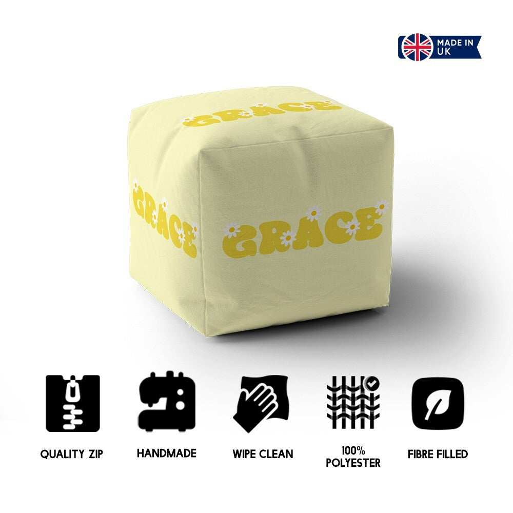 Personalised Custom Name Groovy Daisy Font Ottoman Filled Pouffe Washable Cover