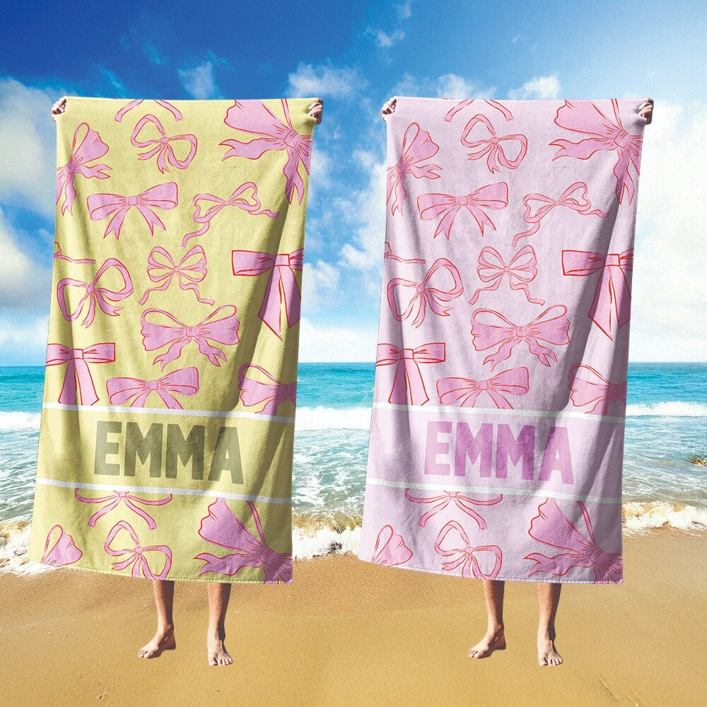 Personalised Name Pink Bows Design Printed Absorbent Beach Bath Sheet Towel