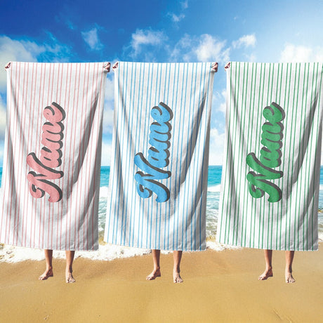 Personalised Custom Name Stripe Retro Font Soft Absorbent Beach Bath Sheet Towel