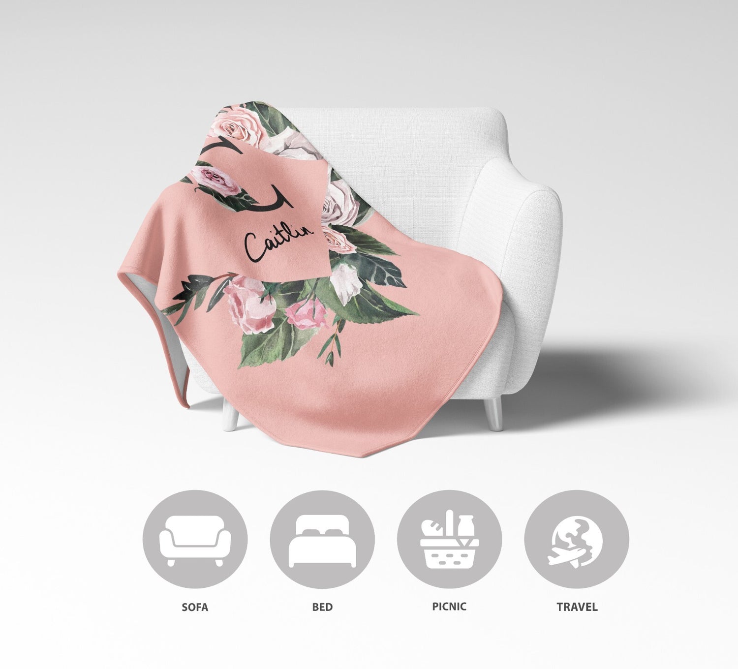 Personalised Name Botanical Floral Initial Letter Soft Warm Fleece Blanket Decor