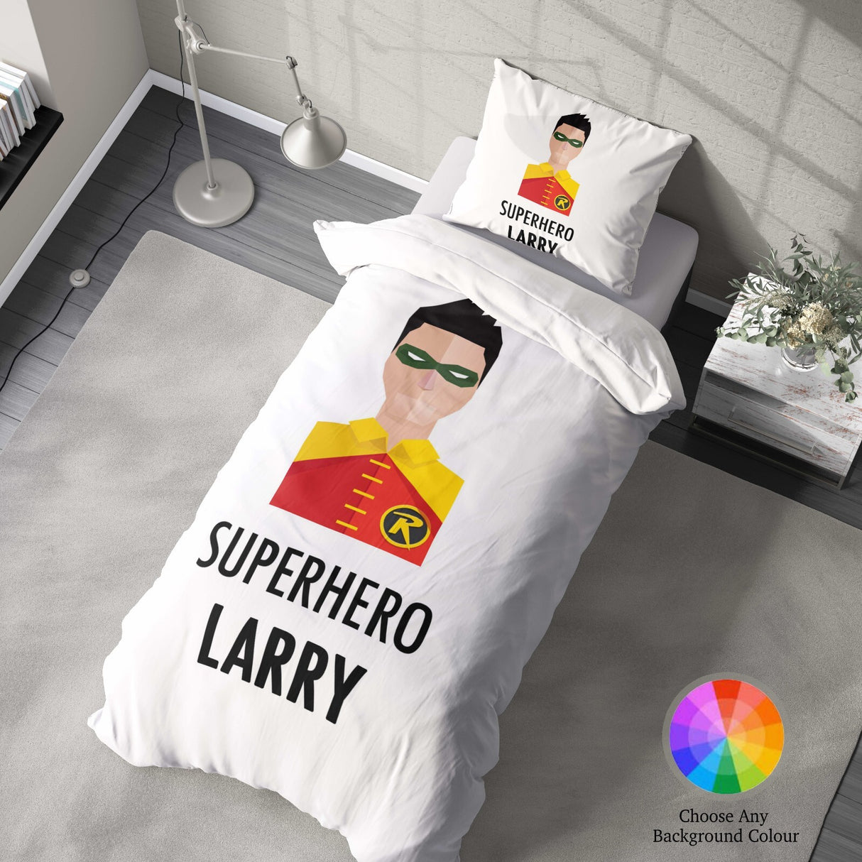 Superhero Personalised Name Custom Colour Single Bed Duvet Cover Pillowcase Set